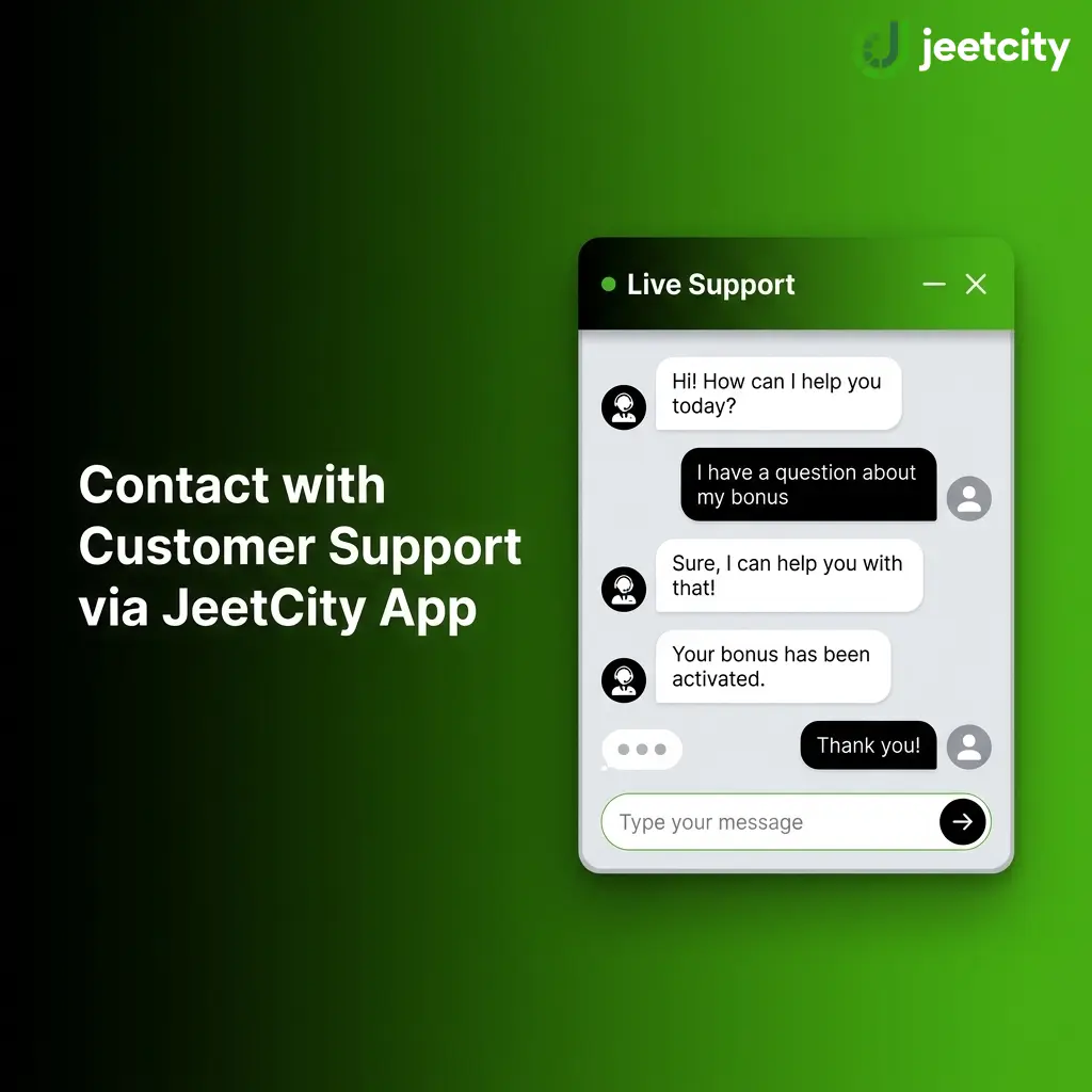JeetCity app customer support interface showing live chat, email, and contact form options available 24/7