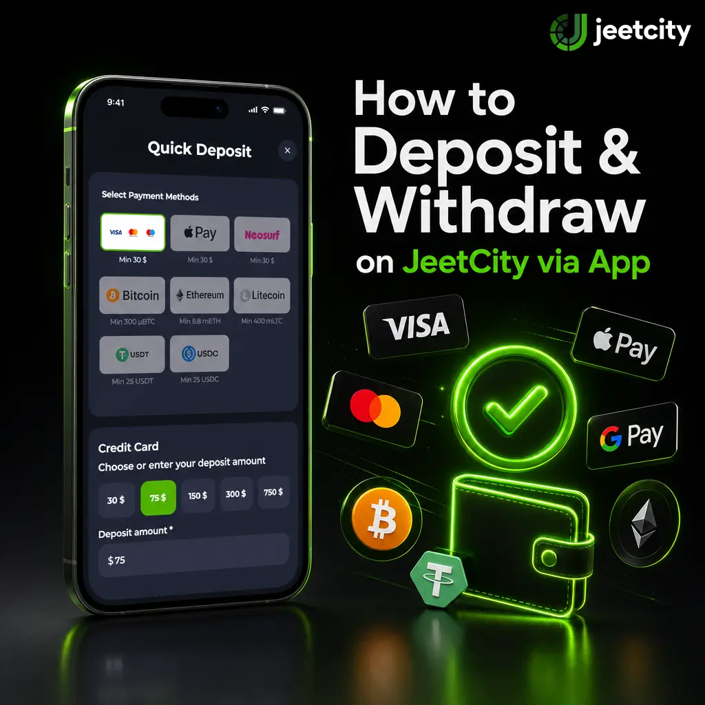 Step-by-step guide showing how to deposit and withdraw funds on JeetCity using the mobile app