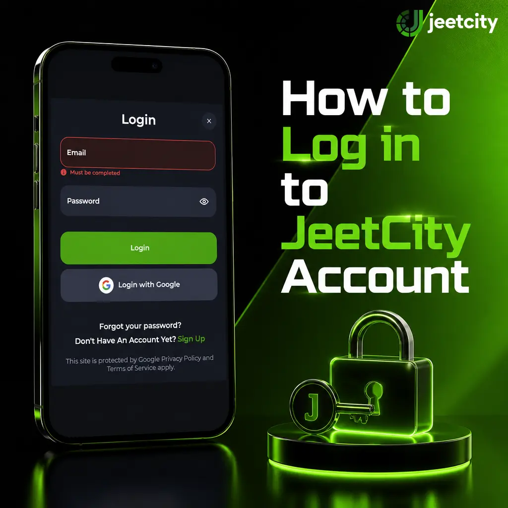 JeetCity login form showing email or mobile field, password entry, and dashboard access with balance and bonuses.