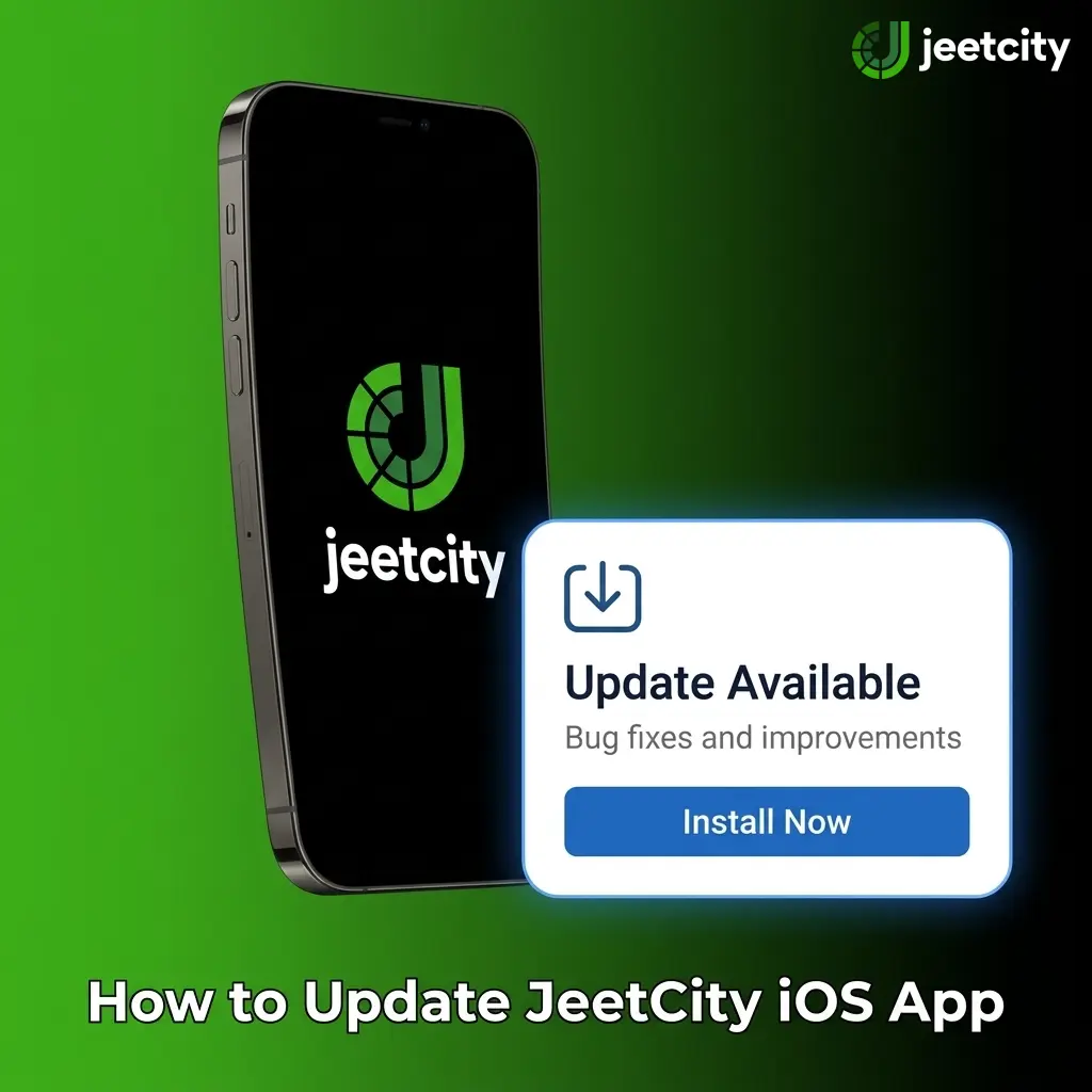 JeetCity iOS app update screen showing download button and version confirmation steps on iPhone