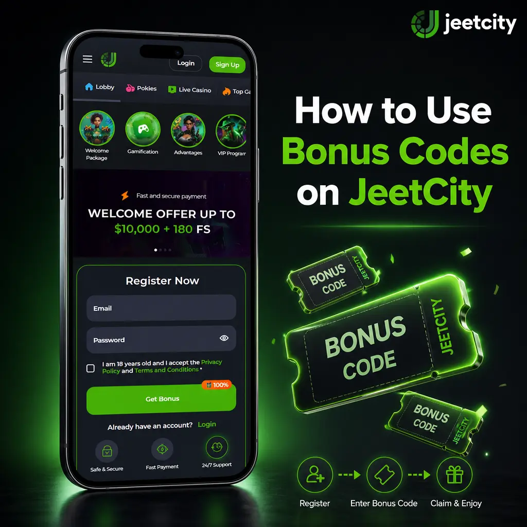Step-by-step guide showing how to enter and apply a bonus code at the JeetCity cashier deposit screen.