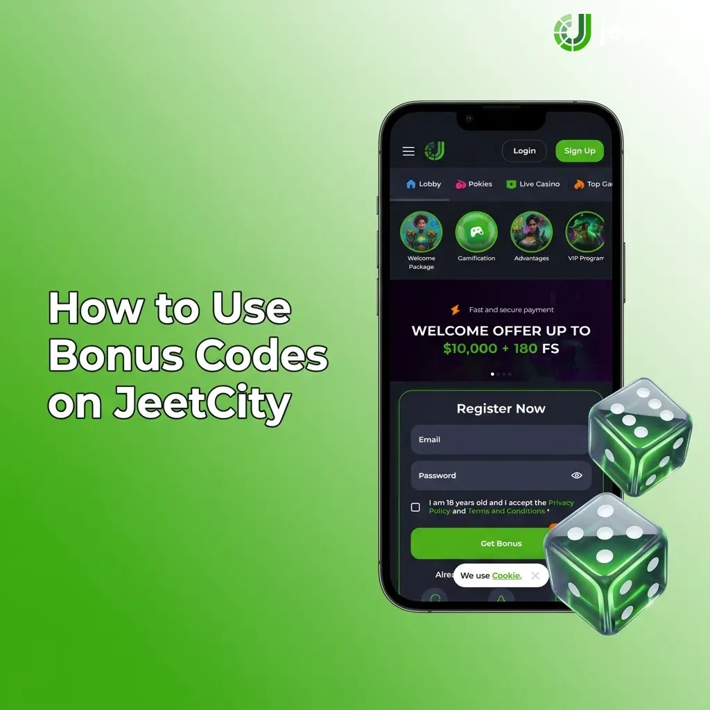 JeetCity cashier deposit screen showing promo code entry field with step-by-step bonus code redemption process