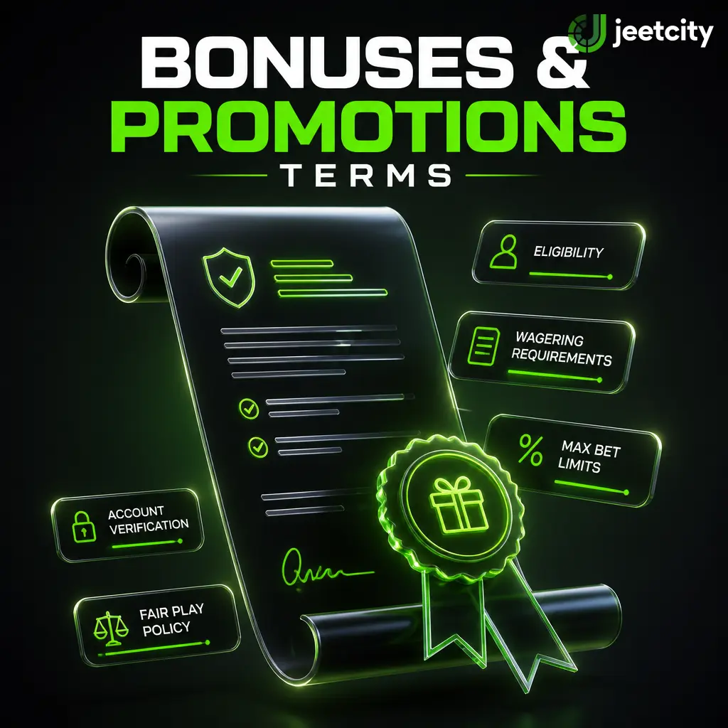 JeetCity bonuses and promotions terms outlining wagering requirements, game contributions, bet limits, and KYC rules for players