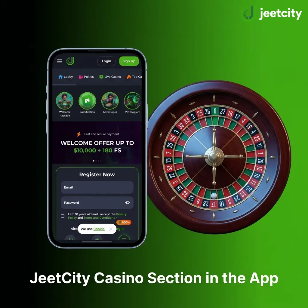 JeetCity Casino app section showing categorised game library including slots, live casino, table games, and crash games
