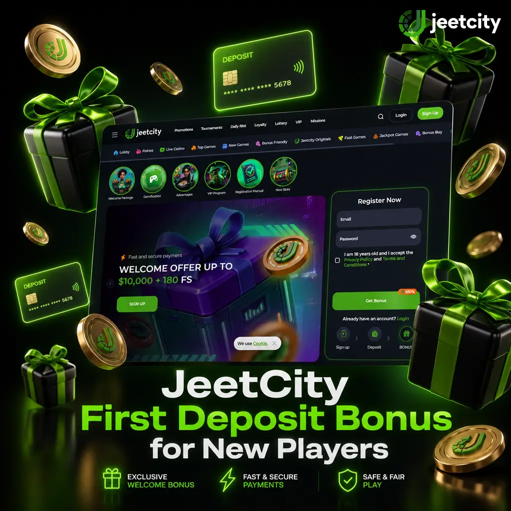 JeetCity first deposit bonus: 100% match up to €7500 plus 100 free spins for new players, min AUD 20 deposit, 35x wagering.