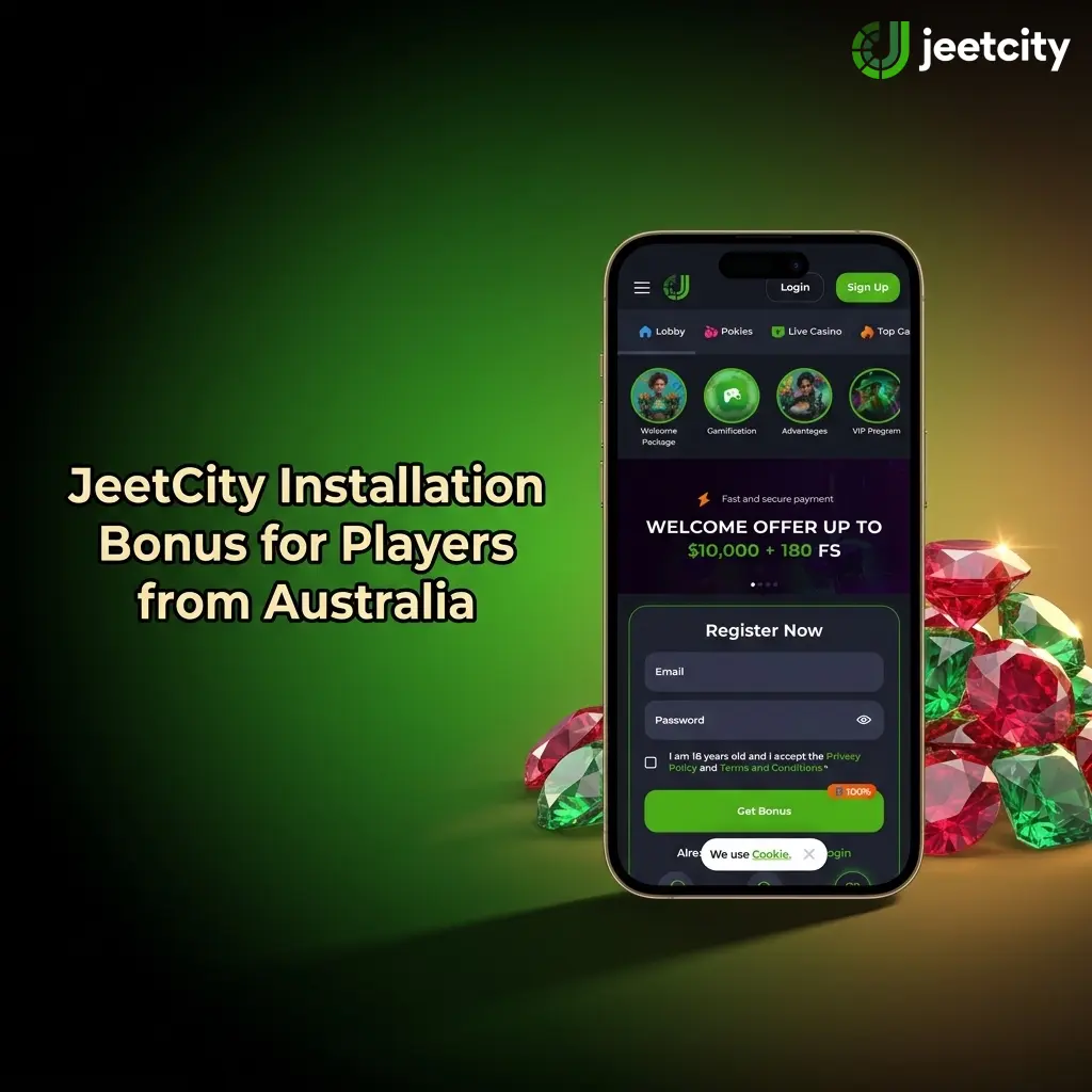 JeetCity welcome bonus for Australian players showing four-deposit package up to EUR 7,500 plus 100 free spins