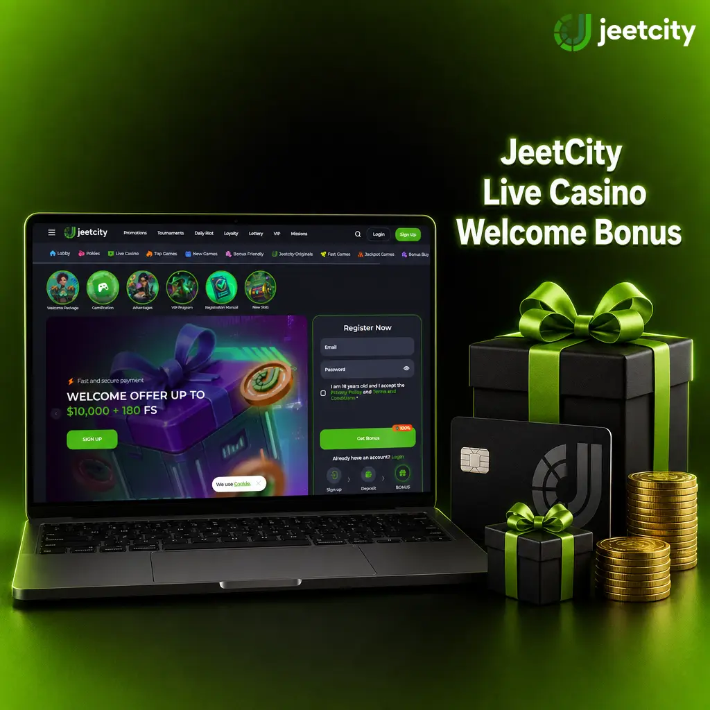 JeetCity Live Casino welcome bonus: 100% match up to EUR 7,500 plus 100 free spins for new players in 2026.