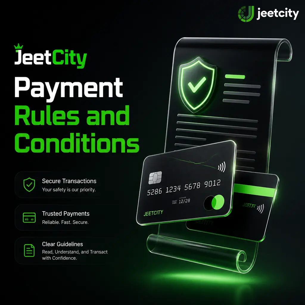 JeetCity payment rules covering account name matching, withdrawal methods, verification, fixed currency, and bonus wagering requirements.