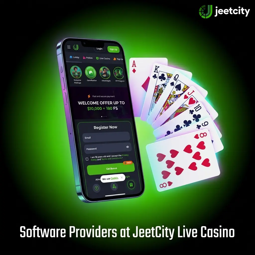JeetCity live casino software providers logos including Evolution, Pragmatic Play, Ezugi, Playtech, Authentic Gaming, SA Gaming