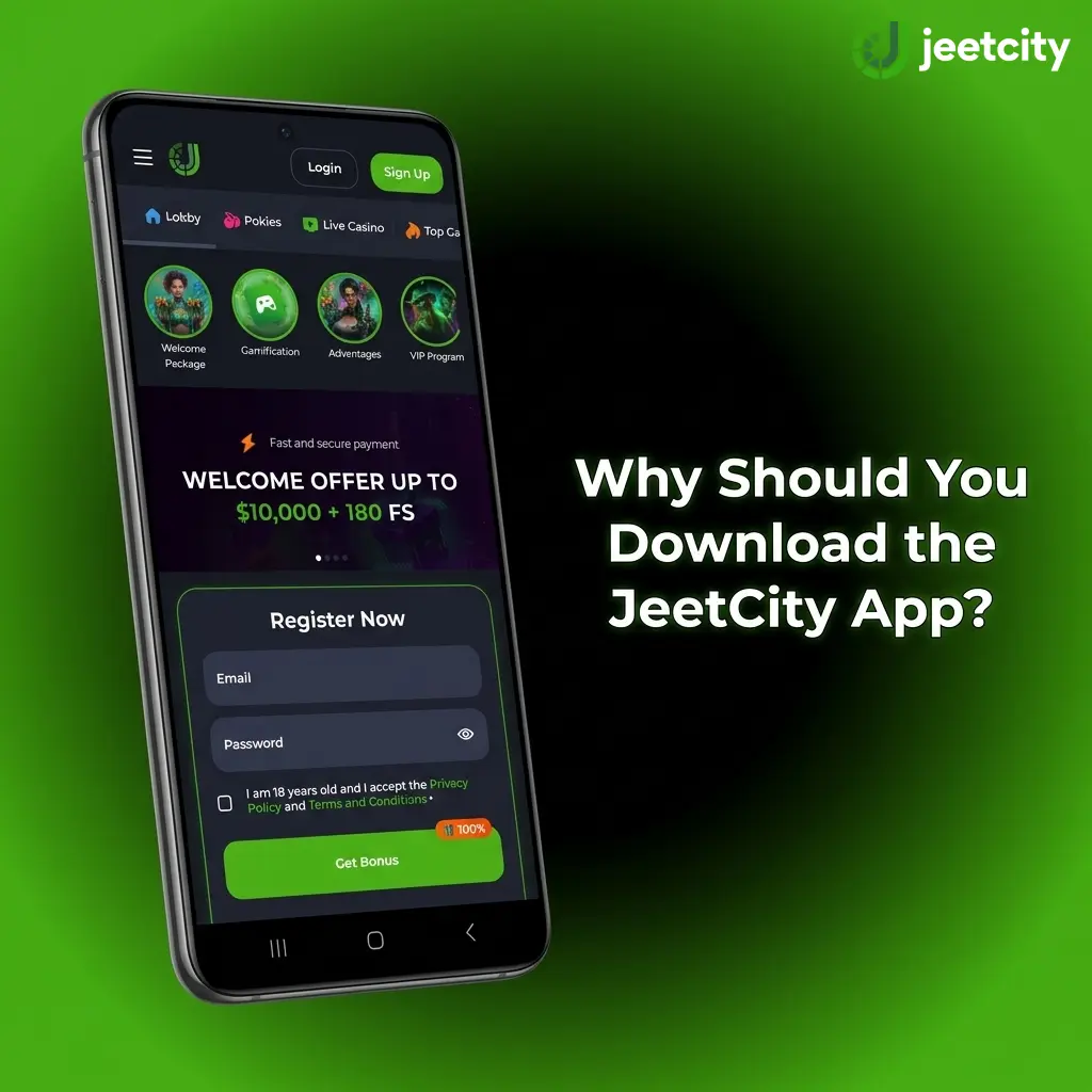 JeetCity app on mobile showing AFL NRL cricket betting live casino and fast withdrawals for Australian players