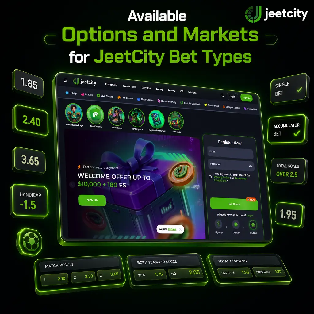 JeetCity betting slip showing available bet types including singles, accumulators, system bets, handicaps, and over/under totals