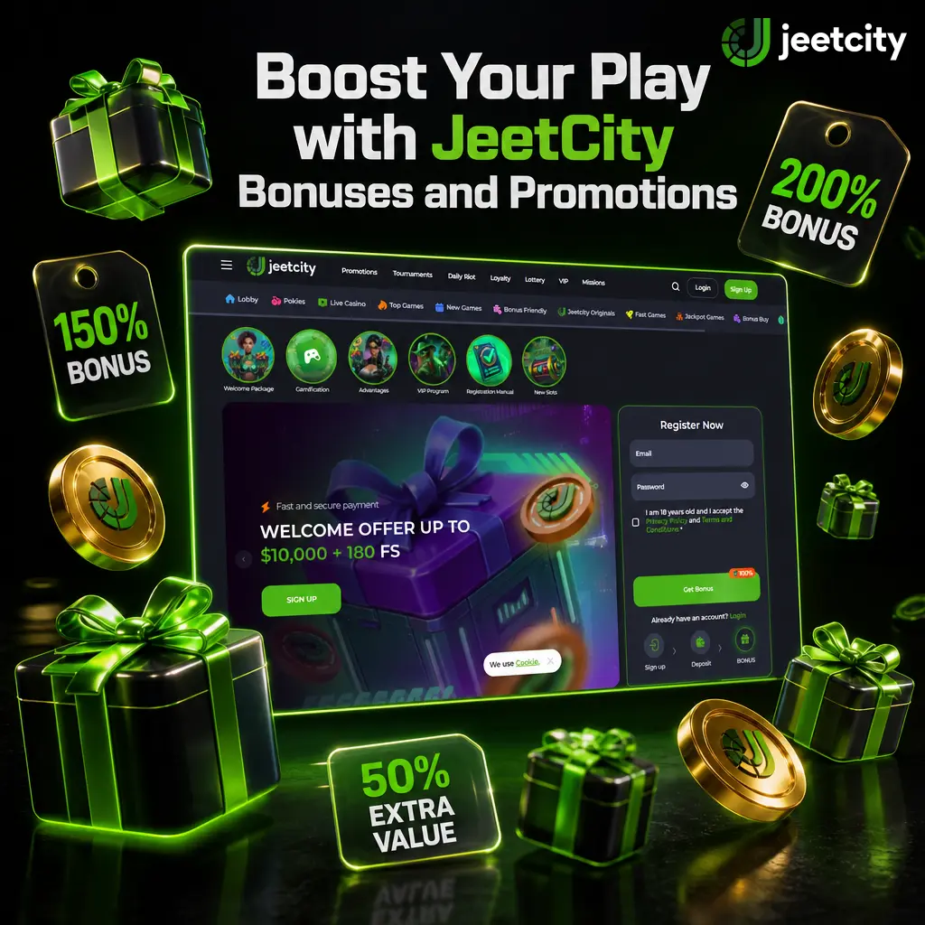 JeetCity casino welcome bonus: 100% match up to EUR7500 plus 100 free spins across four deposits with 35x wagering.