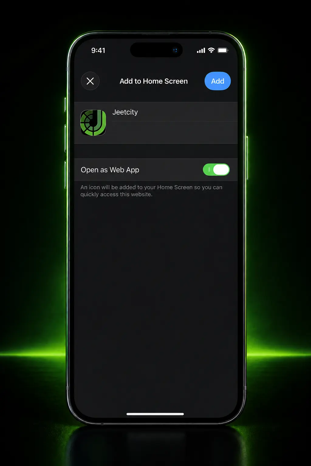 Step-by-step guide showing JeetCity iOS installation via Safari, Add to Home Screen, and app login on an iPhone