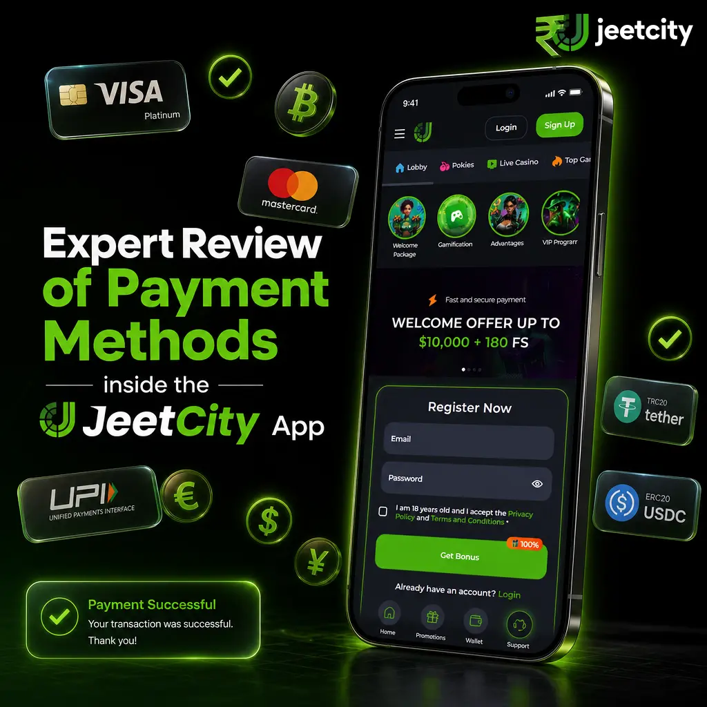 JeetCity App cashier showing supported payment methods for Australian players, including cards, e-wallets, and bank transfer options.