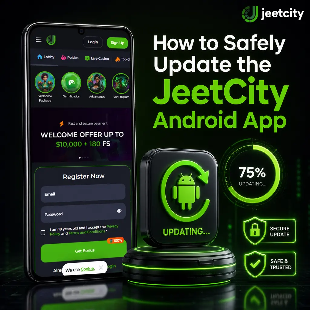 Steps to safely update the JeetCity Android app: check version, download APK, install update, and confirm installation success.
