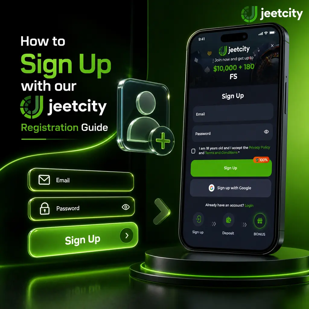 Step-by-step JeetCity registration guide showing sign-up form, account details, and verification process for new Australian players.