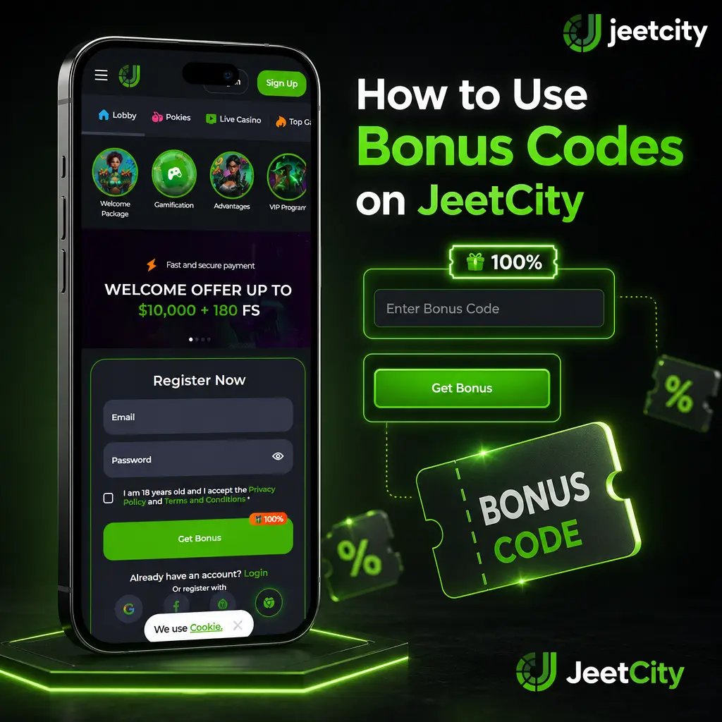 Step-by-step guide showing how to enter and apply a bonus code in the JeetCity Cashier deposit page.