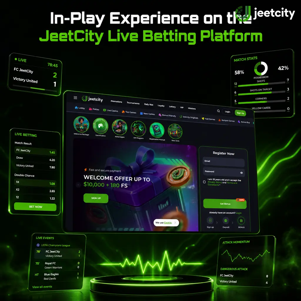 JeetCity live betting platform showing in-play football, cricket, tennis and basketball markets with real-time odds updates