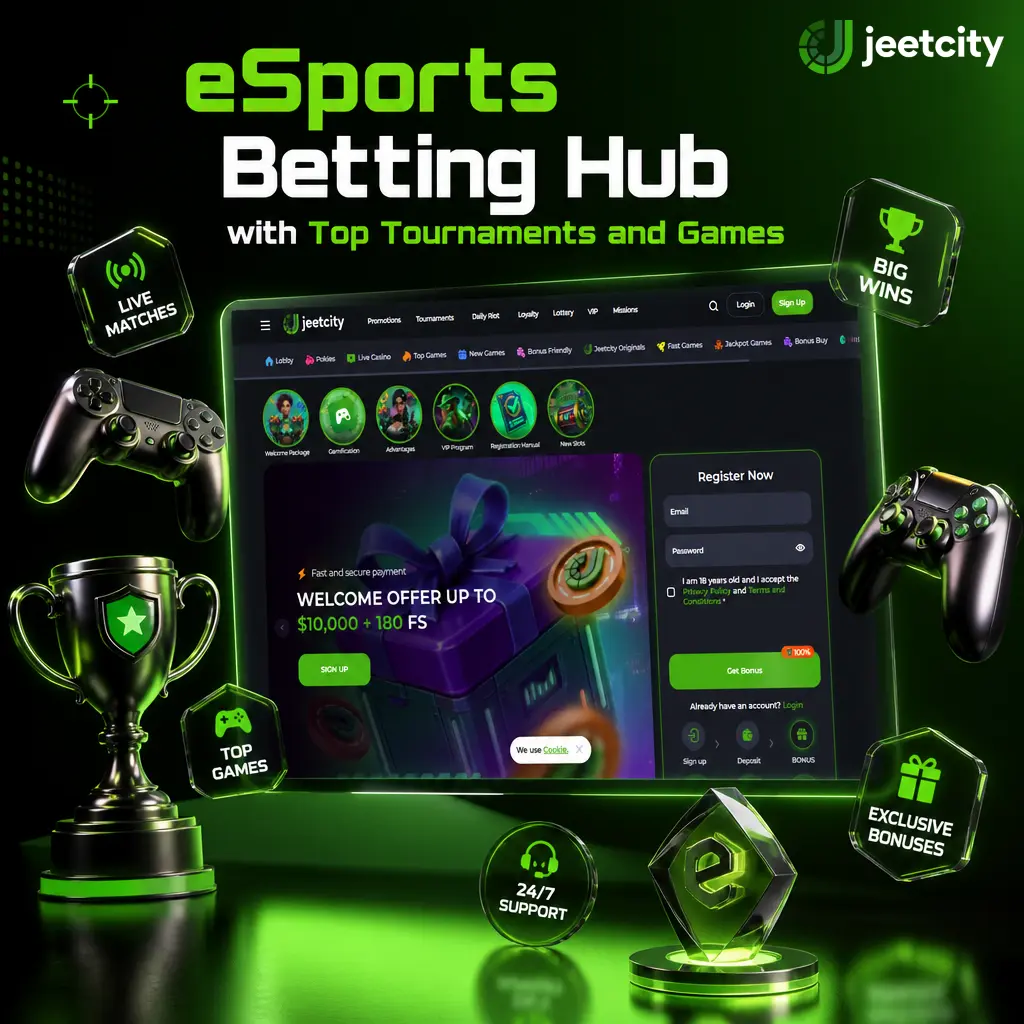 JeetCity eSports betting hub featuring CS2, Dota 2, League of Legends, Valorant, and Rainbow Six Siege tournaments