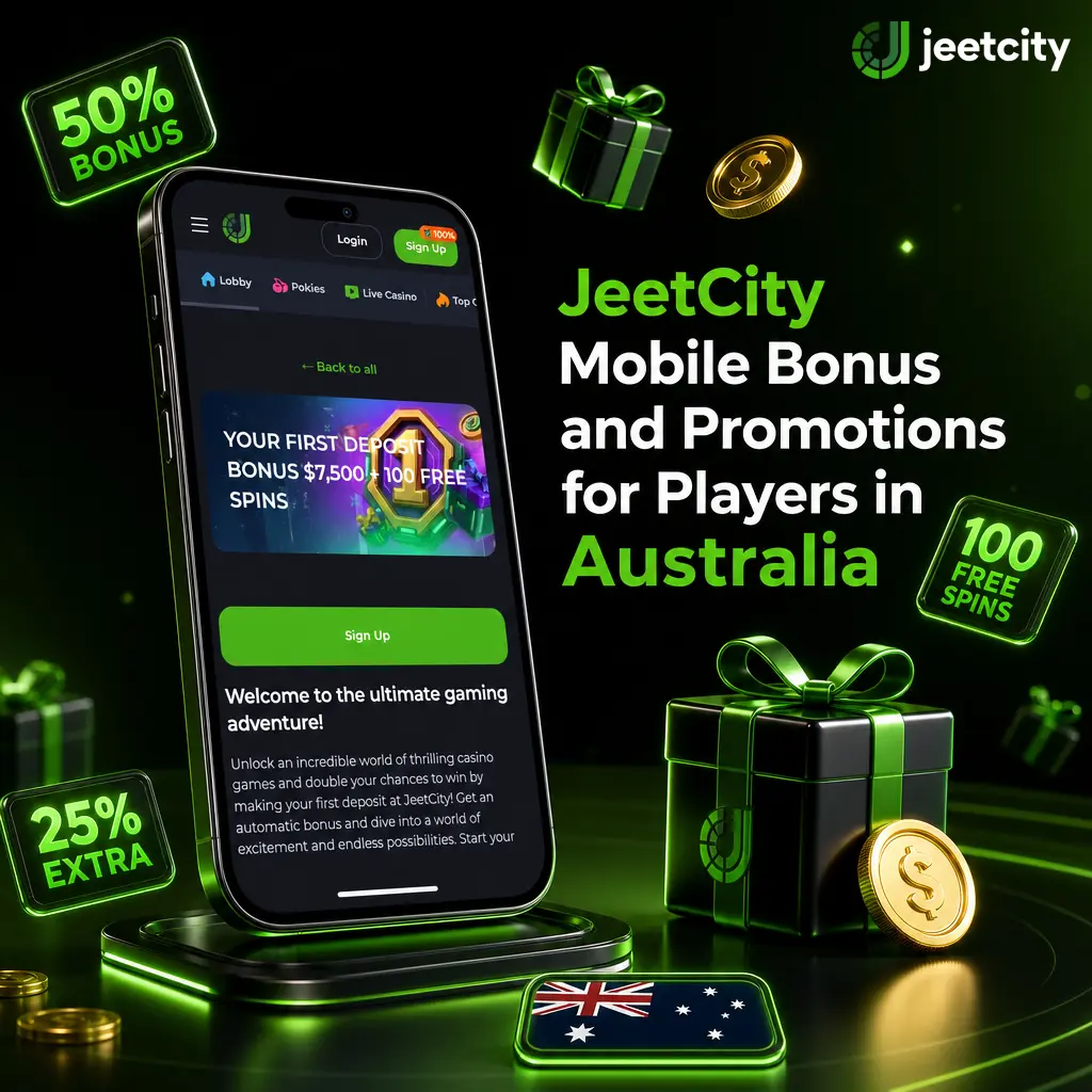 JeetCity mobile welcome bonus: 100% match up to EUR 7500 plus 100 free spins for Australian players, 40x wagering applies.