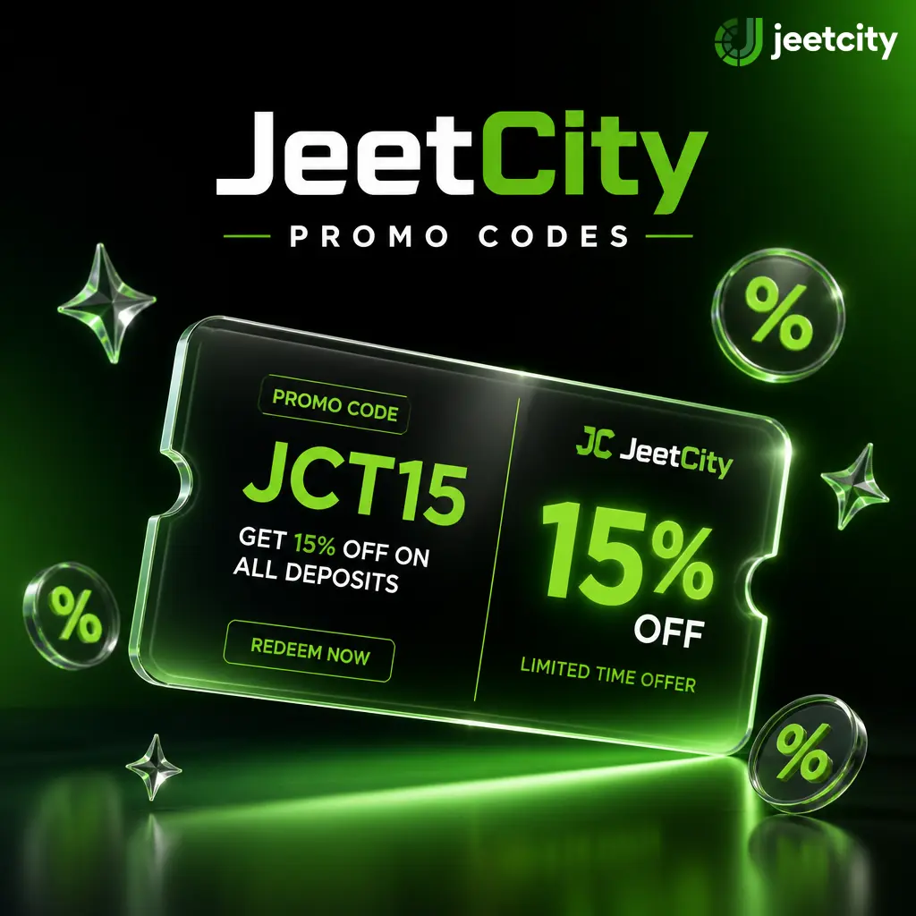 JeetCity promo codes list showing WELCOME100, RELOAD50 and FREESPIN50 bonus offers entered at the casino cashier