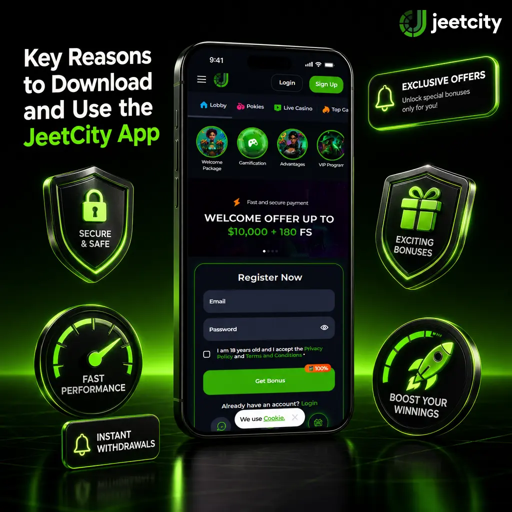 JeetCity app interface showing fast bet slip loading, biometric login, and quick deposit options for mobile betting