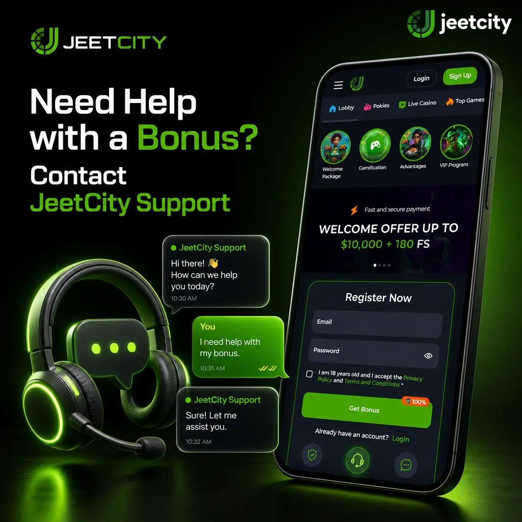 JeetCity 24/7 support for bonus questions via live chat, email, or Help Centre FAQ in Australia