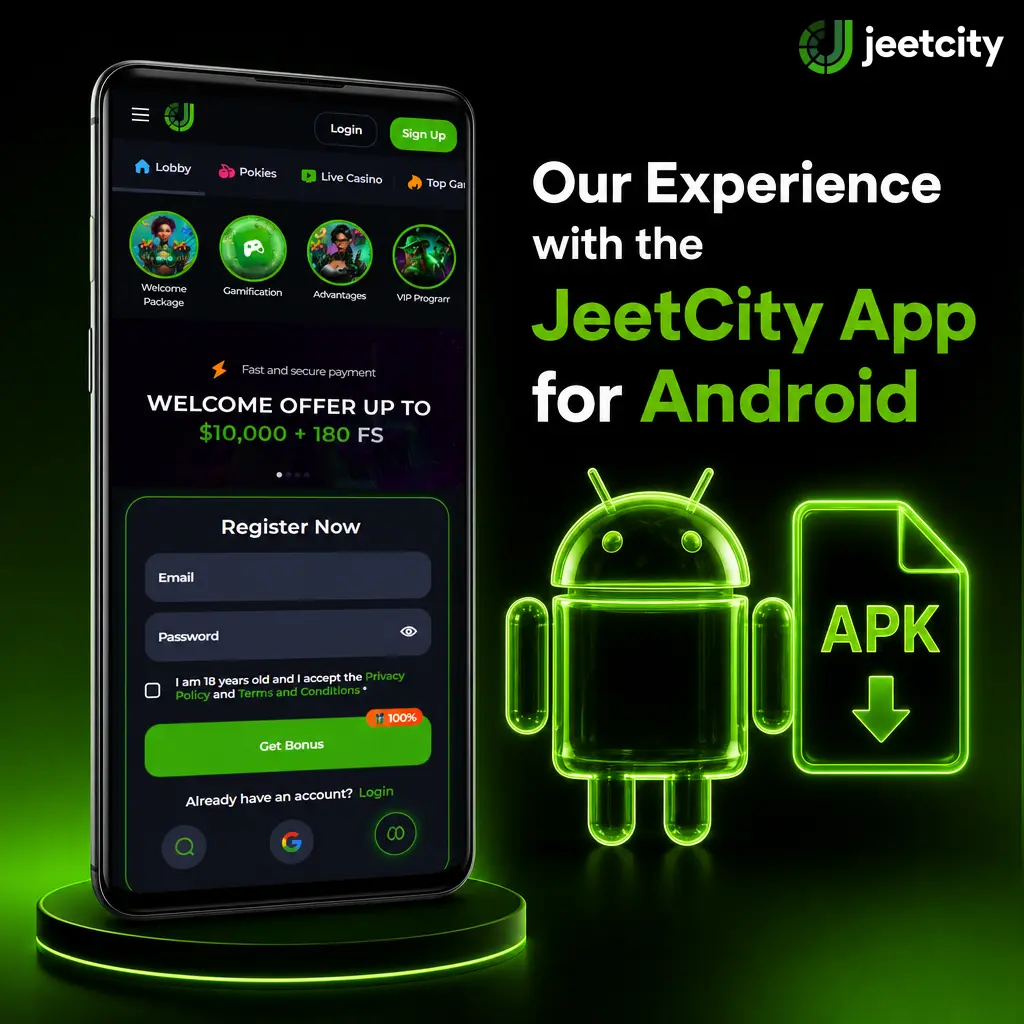 JeetCity Android app screenshot showing free APK download, device compatibility, and update installation steps.