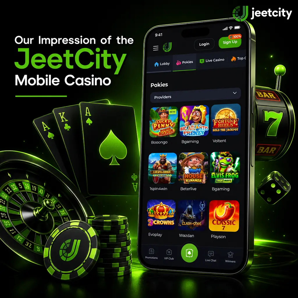 JeetCity mobile casino app lobby showing category filters for slots, table games, live casino, jackpots, and game shows