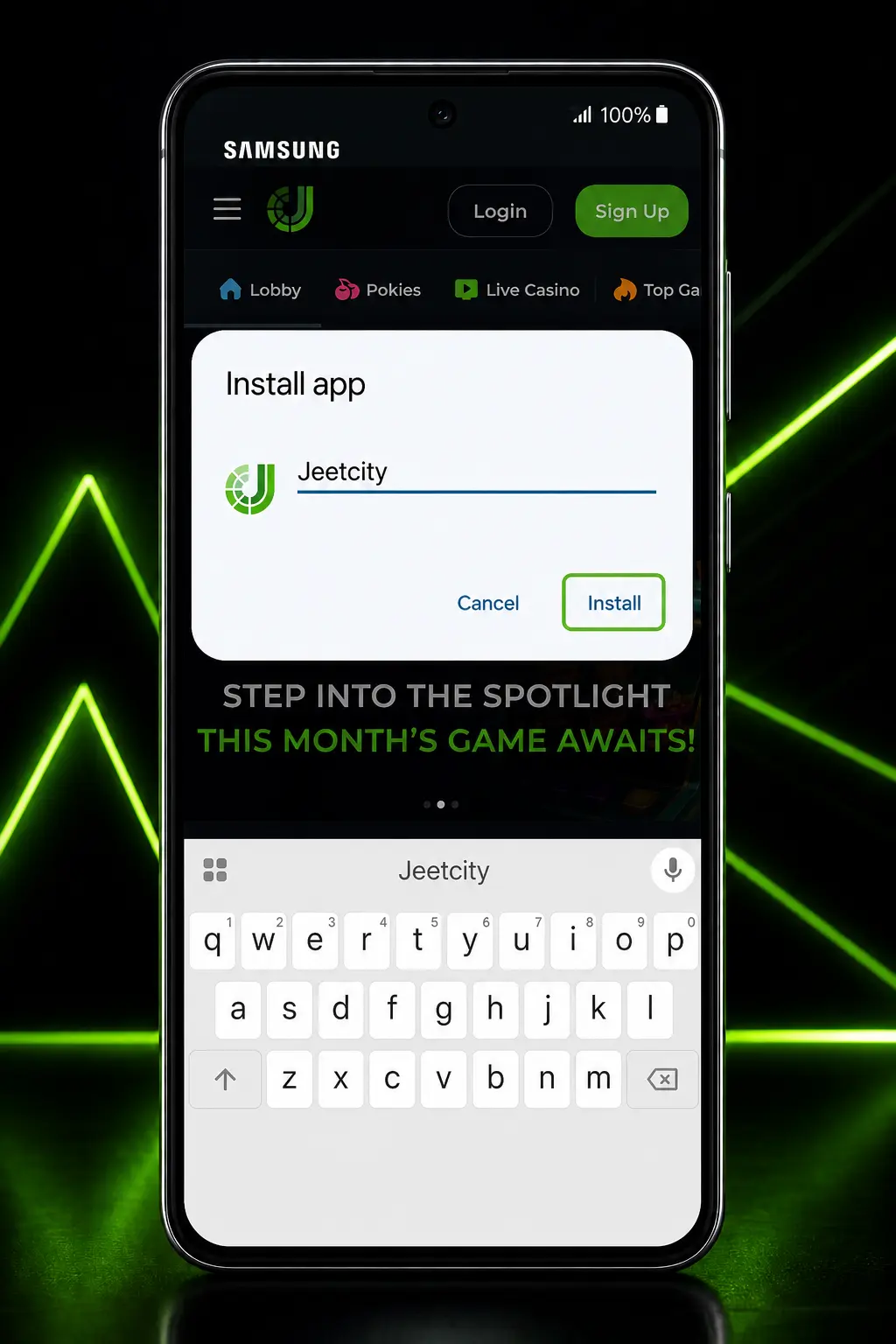 Step-by-step guide showing how to download and install the JeetCity Android APK on a mobile device screen.
