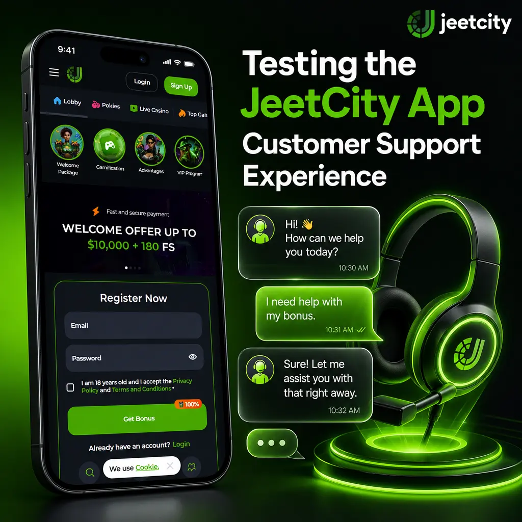 JeetCity app customer support test showing 24/7 live chat, email support, and FAQ options in the app menu.