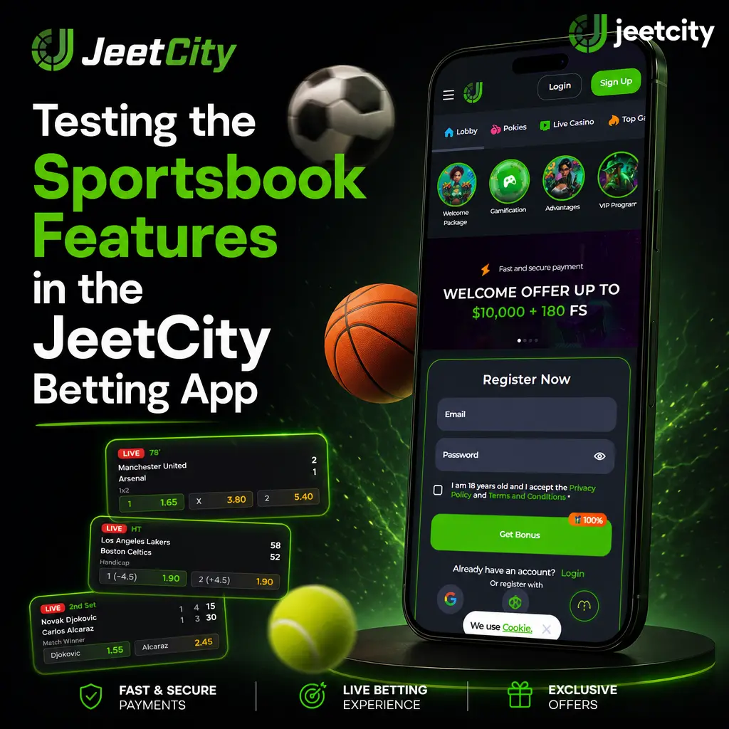 JeetCity betting app sportsbook screen showing live odds, bet slip, and popular Australian sports markets like AFL, NRL, and cricket.